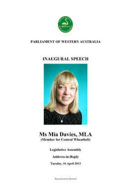 Ms Mia Davies, MLA (Member for Central Wheatbelt)