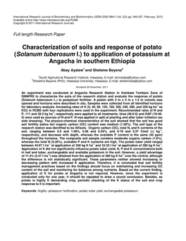 Solanum Tuberosum L.) to Application of Potassium at Angacha in Southern Ethiopia