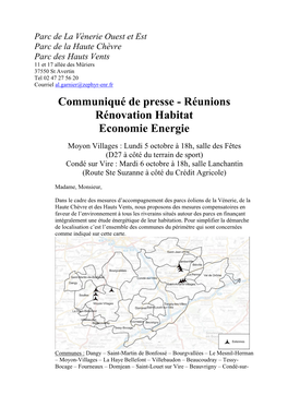 Communiqué De Presse - Réunions Rénovation Habitat Economie Energie