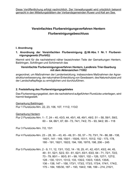 Vereinfachtes Flurbereinigungsverfahren Hentern Flurbereinigungsbeschluss