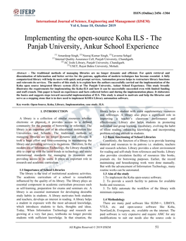 Implementing the Open-Source Koha ILS - the Panjab University, Ankur School Experience