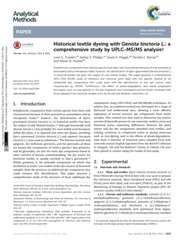 Historical Textile Dyeing with Genista Tinctoria L.: a Comprehensive Study by UPLC-MS/MS Analysis† Cite This: Anal