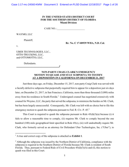 Motion to Quash and Stay Subpoena to Testify at a Deposition in California on December 21, 2017