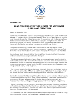 Long-Term Energy Supplies Secured for North West Queensland Operations