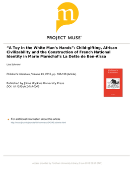 “A Toy in the White Manʼs Hands”: Child-Gifting, African Civilizability and the Construction of French National Identity In