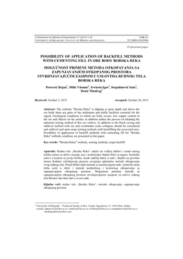 Possibility of Application of Backfill Methods with Cementing Fill in Ore Body Borska Reka