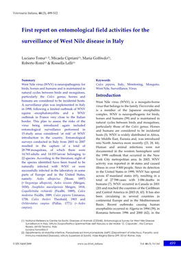 First Report on Entomological Field Activities for the Surveillance of West Nile Disease in Italy