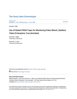 Use of Baited Pitfall Traps for Monitoring Pales Weevil, Hylobius Pales (Coleoptera: Curculionidae)