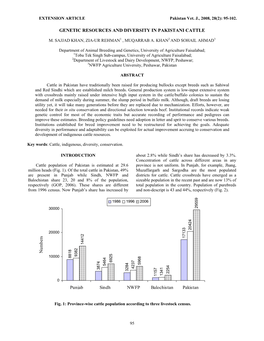 GENETIC RESOURCES and DIVERSITY in PAKISTANI CATTLE Punjab Sindh NWFP Balochistan Pakistan Nu M B