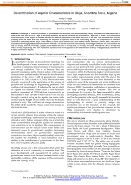 Determination of Aquifer Characteristics in Okija, Anambra State, Nigeria