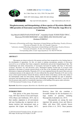 Morphotaxonomy and Histopathology of Three Species of Myxobolus Bütschli, 1882 Parasites of Enteromius Martorelli Roman, 1971 from the Anga River in Cameroon