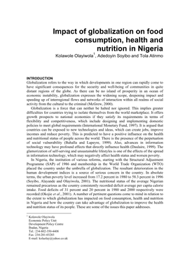 Impact of Globalization on Food Consumption, Health and Nutrition in Nigeria Kolawole Olayiwola1, Adedoyin Soyibo and Tola Atinmo