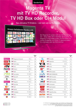 Magenta on Demand 100 ORF 1 101 ORF 2 Wien 102 ATV 103 PULS 4 104 W24 105 Sixx Austria 106 Servustv 107 Okto 108 Magenta 109