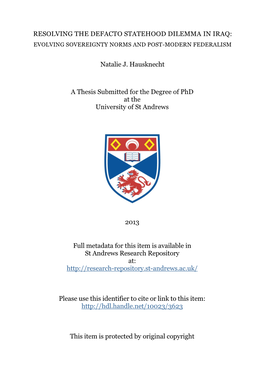 Resolving the Defacto Statehood Dilemma in Iraq: Evolving Sovereignty Norms and Post-Modern Federalism