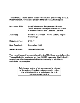 Law Enforcement Response to Human Trafficking and the Implications for Victims: Current Practices and Lessons Learned