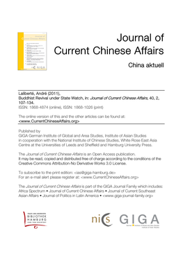 Buddhist Revival Under State Watch, In: Journal of Current Chinese Affairs, 40, 2, 107-134