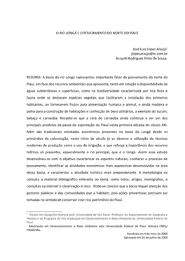 O RIO LONGÁ E O POVOAMENTO DO NORTE DO PIAUÍ José Luis
