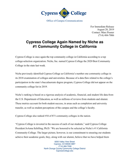 Cypress College Again Named by Niche As #1 Community College in California