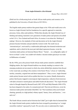 From Anglo-Oriental to Afro-Oriental Ronnie Watt, 2014-2015 (Draft Text