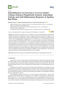 Autochthonous Saccharomyces Cerevisiae Starter Cultures Enhance Polyphenols Content, Antioxidant Activity, and Anti-Inﬂammatory Response of Apulian Red Wines