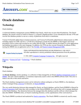 Oracle Database: Information from Answers.Com Page 1 of 5