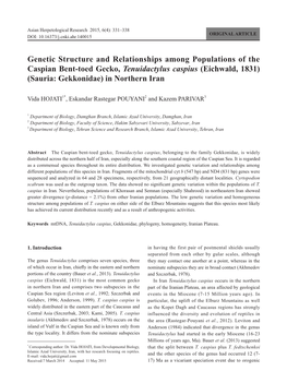 Genetic Structure and Relationships Among Populations of the Caspian Bent-Toed Gecko, Tenuidactylus Caspius (Eichwald, 1831) (Sauria: Gekkonidae) in Northern Iran