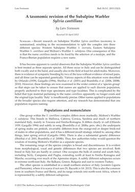 A Taxonomic Revision of the Subalpine Warbler Sylvia Cantillans