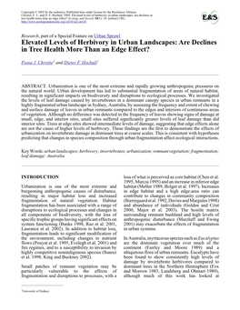 Elevated Levels of Herbivory in Urban Landscapes: Are Declines in Tree Health More Than an Edge Effect? Ecology and Society 10(1): 10