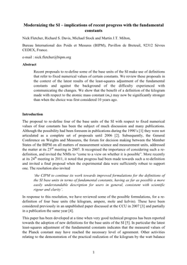 Modernizing the SI – Implications of Recent Progress with the Fundamental Constants Nick Fletcher, Richard S