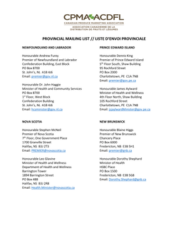 Provincial Mailing List // Liste D'envoi Provinciale