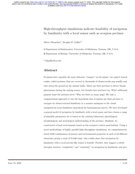 High-Throughput Simulations Indicate Feasibility of Navigation by Familiarity with a Local Sensor Such As Scorpion Pectines