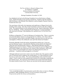 1 the Tree of Liberty Is Rooted in Magna Carta Dr. William F. Campbell Professor Emeritus of Economics Louisiana State Universi