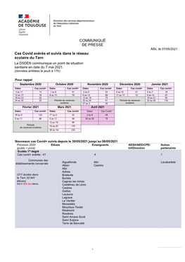 COMMUNIQUÉ DE PRESSE Cas Covid Avérés Et Suivis Dans Le Réseau Scolaire Du Tarn