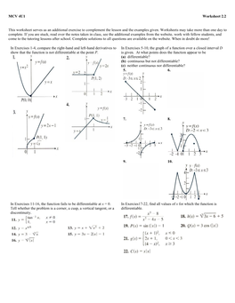 MCV 4U1 Worksheet 2.2 This Worksheet Serves As an Additional Exercise to Complement the Lesson and the Examples Given. Worksheet