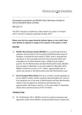 Full Text of the Completed Acquisition by Mcgill's Bus Services Limited Of