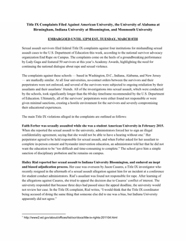 Title IX Complaints Filed Against American University, the University of Alabama at Birmingham, Indiana University at Bloomington, and Monmouth University