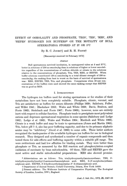 Effect of Osmolality and Phosphate, 'Tris', 'Tes', 'Mes', and 'Hepes' Hydrogen Ion Buffers* on the Motility of Bull Spermatozoa Stored at 37 Or 5°C