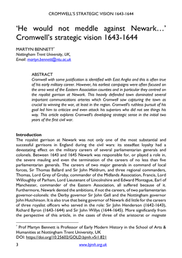 'He Would Not Meddle Against Newark…' Cromwell's Strategic Vision 1643-1644