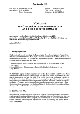 Vorlage Der Oberen Landesplanungsbehörde an Die Regionalversammlung