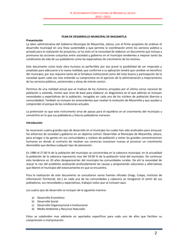 2012 – 2015 PLAN DE DESARROLLO MUNICIPAL DE MAZAMITLA Presentación La Labor Administrativa Del Gobierno Municipal De Mazamitl