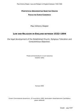 Btcaak P.A. Diaper, Law and Religion in England Between 1532-1994