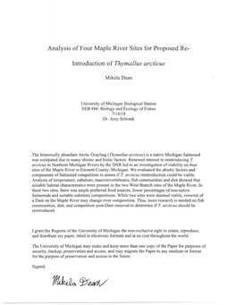 Analysis of Four Maple River Sites for Proposed Re- Introduction Of