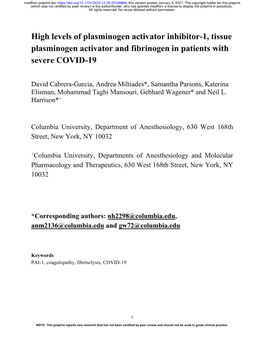 High Levels of Plasminogen Activator Inhibitor-1, Tissue Plasminogen Activator and Fibrinogen in Patients with Severe COVID-19