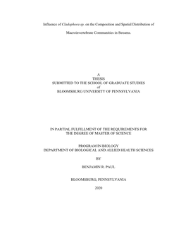 Influence of Cladophora Sp. on the Composition and Spatial Distribution of Macroinvertebrate Communities in Streams. a THESIS SU