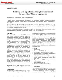 Critical Physiological and Pathological Functions of Forkhead Box O Tumor Suppressors