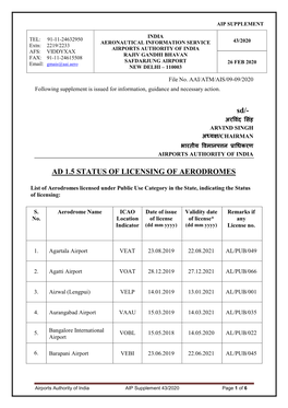 Ad 1.5 Status of Licensing of Aerodromes