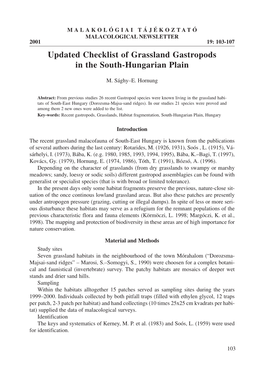 Updated Checklist of Grassland Gastropods in the South-Hungarian Plain