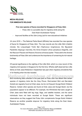 MEDIA RELEASE for IMMEDIATE RELEASE Five New Species of Fauna Recorded for Singapore at Pulau Ubin