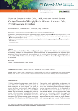Dineutus Helleri Ochs, 1925, with New Records for the Cyclops Mountains Whirligig Beetle, Dineutus H