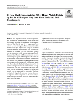 Cerium Oxide Nanoparticles Affect Heavy Metals Uptake by Pea in a Divergent Way Than Their Ionic and Bulk Counterparts